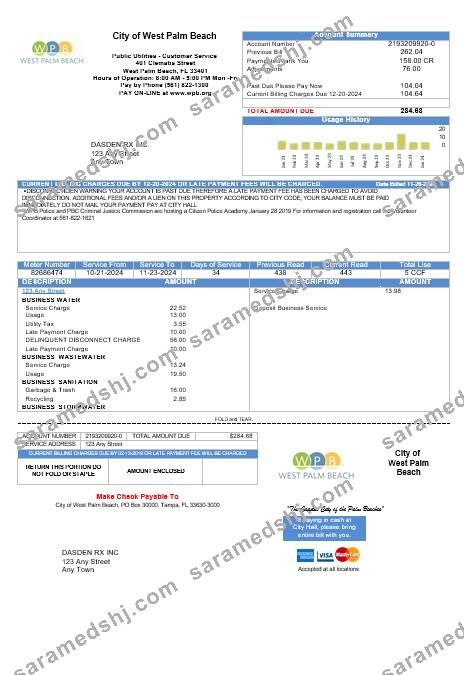 USA Florida City of West Palm Beach business utility bill template in Word and PDF formats